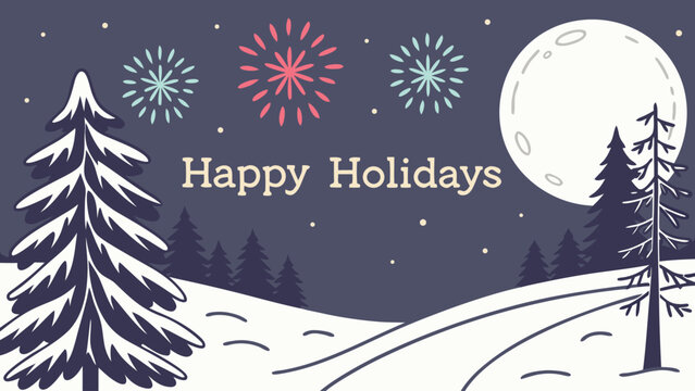 Happy holidays winter night scene with full moon and fireworks - Powered by Adobe