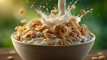 A bowl of cereal with milk being poured into it creating a splash