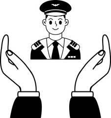 black and white illustration of a hand holding a male pilot