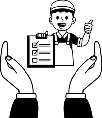black and white illustration of two holding a handyman giving a thumbs up and holding clipboard