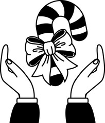 black and white illustration of two hand holding a candy cane