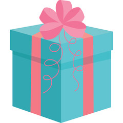 Teal Gift Box Tied With A Pink Ribbon and Bow On A Transparent Background