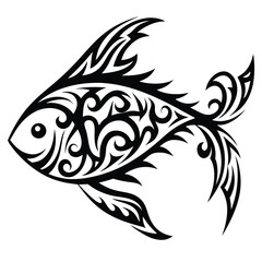 Ornate decorative fish swims with swirling tribal pattern against clean white backdrop