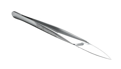 Slanted pair of metallic tweezers on a black background
