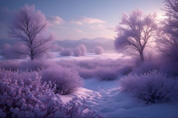 Lilac Winter Cinematic Landscape with Snow and Dynamic Lighting
