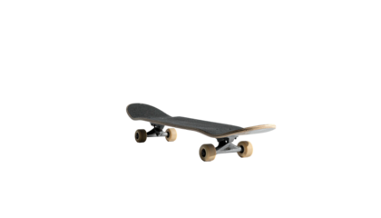 Skateboard angled, featuring trucks, wheels, against a dark background