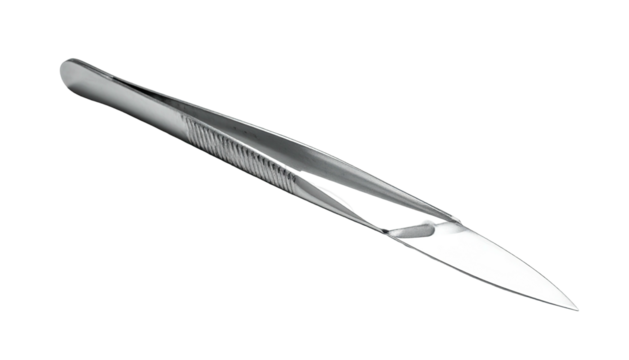 Slanted pair of metallic tweezers on a black background