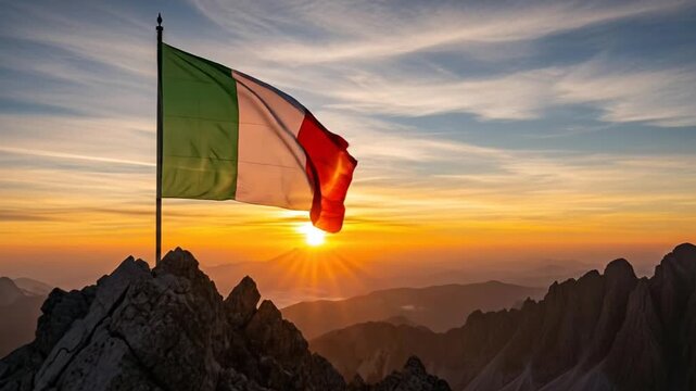 Italy's National Pride: Italian Flag Waving on Mountain Peak at Stunning Sunrise, Italy