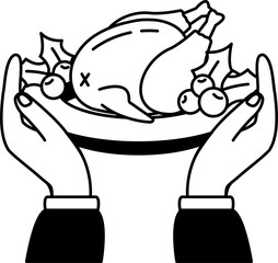 black and white illustration of A pair of hands holding a Christmas turkey