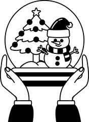 black and white illustration of A pair of hands holding a snowman in a snow globe