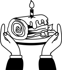 black and white illustration of A pair of hands holding a Log cake