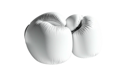 Pair of pristine white boxing gloves sit against black backdrop