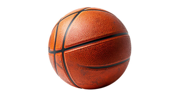 A round, textured, orange basketball floats on a black background