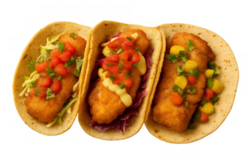 Mexican fish tacos with fried fish, fresh salsa, cabbage, and creamy sauce, street food on transparent background