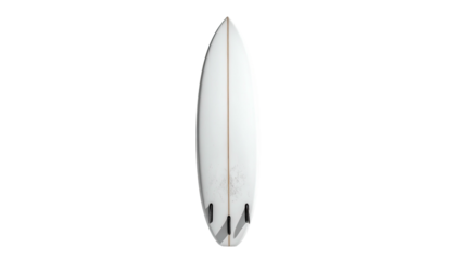 Isolated white surfboard with three fins on black backdrop