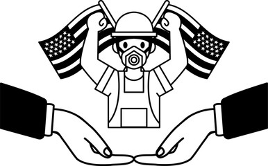 black and white illustration of Worker raise their hands in front of the American flag