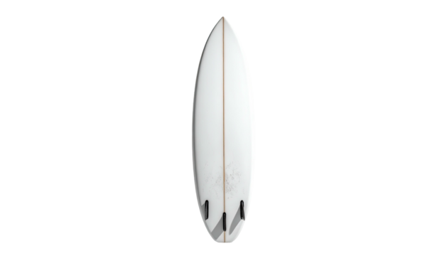 Isolated white surfboard with three fins on black backdrop