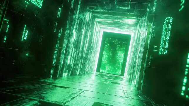 Digital data moving in futuristic server room hallway