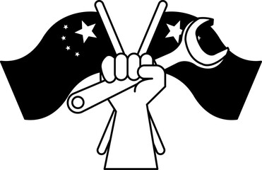 black and white illustration of two hand holding a wrench in front of a chinese flag