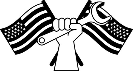 black and white illustration of two hand holding a wrench in front of an american flag