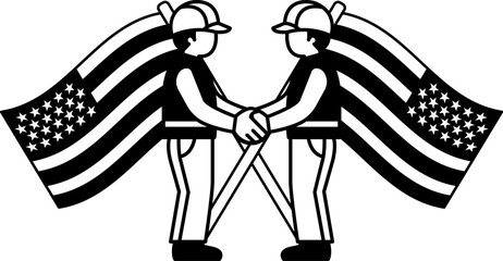 black and white illustration of Two men are shaking hands in front of an american flag