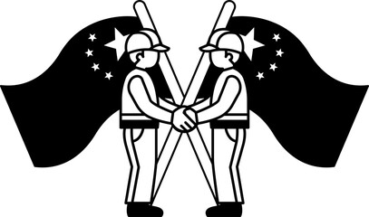 black and white illustration of Two men are shaking hands in front of a chinese flag