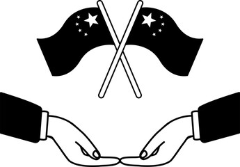black and white illustration of A pair of hands holding a chinese flag