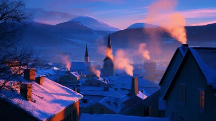 A Serene Winter Dawn Over a Snowy Town, Capturing the Beautiful Contrast of Warm Chimney Smoke against Frosty Roofs, Majestic Mountains in the Background Glowing in the Early Morning Light - Powered by Adobe