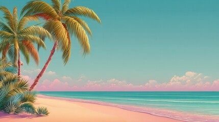 Beach scene with palm trees and calm waters under a clear sky at sunset