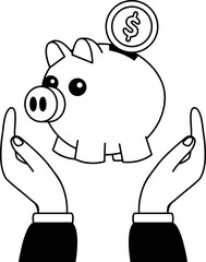black and white illustration of A hand is holding a piggy bank with a coin on top