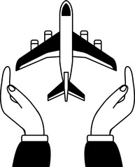 black and white illustration of A hand is holding an airplane