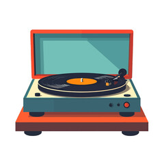 Fototapeta premium Retro Vintage Record Player With Spinning Vinyl Disc And Stylus In Teal Orange And Beige Color Palette On A White Background