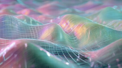 Digital data network connecting iridescent wavy landscape