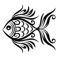 Ornate fish swims left with swirling black pattern against a white background