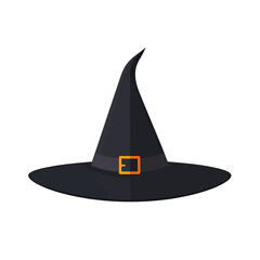 Dark Black Witch Hat with Orange Buckle Detail on White Background Minimalist Illustration