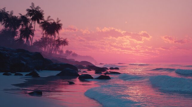 Beautiful tropical sunset at a serene beach with palm trees and gentle waves reflecting pink sky - Powered by Adobe