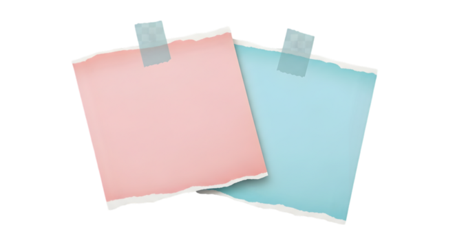 A set of two sticky notes with naturally torn edges and imperfect shapes, soft pastel colors, isolated on transparent background.