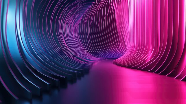 Futuristic metallic neon tunnel with glowing lights and curves