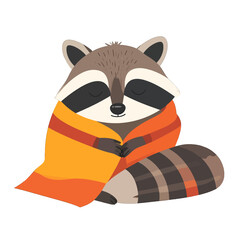 Peaceful raccoon wrapped in a colorful striped scarf eyes closed in serene meditation on a white background
