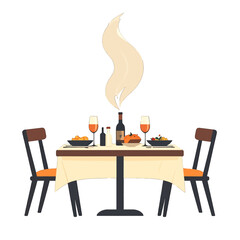 Romantic Dinner Setting For Two With Wine Glasses And Food On A Table With Chairs And Steam Rising From A Bottle