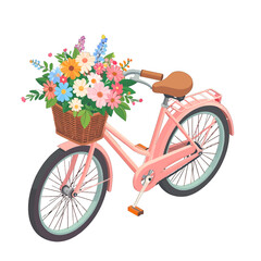 Pink Vintage Bicycle with a Basket Full of Colorful Mixed Flowers and Green Leaves on a White Background