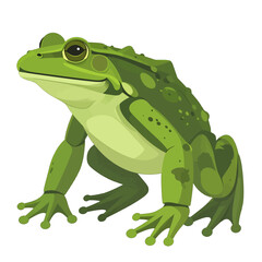 A realistic green frog with detailed skin texture and bright yellow eyes sits on a white background, showcasing its webbed feet and strong legs.