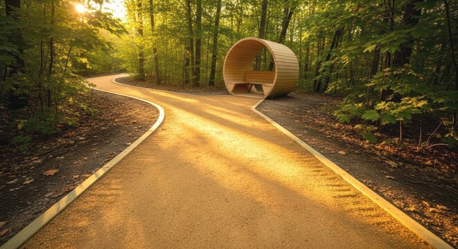 A winding path leads to a unique wooden shelter in a sunlit forest, creating a serene and inviting space for reflection and nature appreciation