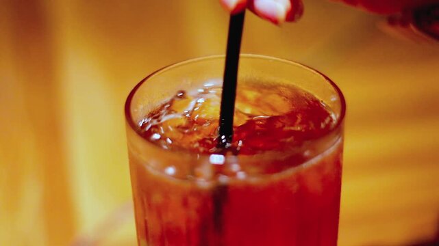 Hand stirring iced tea with a black straw