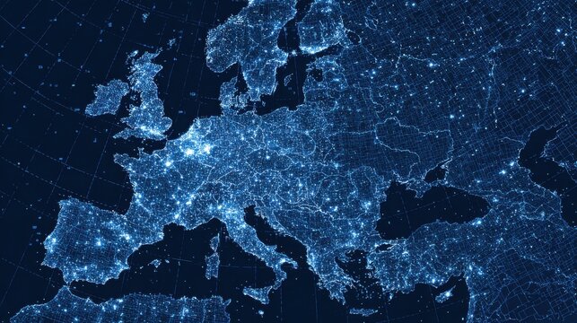 Bright night view of Europe highlighting cities and regions with vibrant lights from space