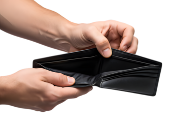Empty black leather wallet held open by hands isolated on transparent background