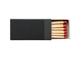 Black matchbox with red tipped matches isolated on transparent background