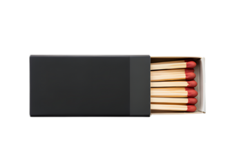 Black matchbox with red tipped matches isolated on transparent background