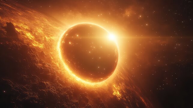 Fiery sun rising over a glowing planet - Powered by Adobe