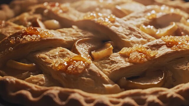 Close Up of a Freshly Baked Apple Pie With Lattice Crust and Sugar Garnish